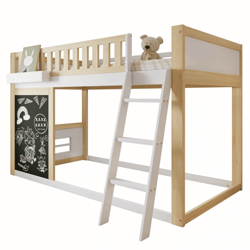 Cama loft 90x200cm - Com quadro para pintar, caixa de arrumação, grade de segurança, branco + natural Cama loft 90x200cm - Com quadro para pintar, caixa de arrumação, grade de segurança, branco + natural