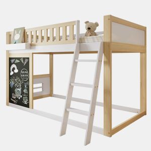 Cama loft 90x200cm - Com quadro para pintar, caixa de arrumação, grade de segurança, branco + natural