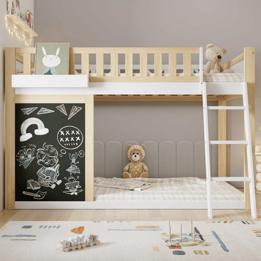 Cama loft 90x200cm - Com quadro para pintar, caixa de arrumação, grade de segurança, branco + natural Cama loft 90x200cm - Com quadro para pintar, caixa de arrumação, grade de segurança, branco + natural