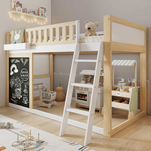 Cama loft 90x200cm - Com quadro para pintar, caixa de arrumação, grade de segurança, branco + natural Cama loft 90x200cm - Com quadro para pintar, caixa de arrumação, grade de segurança, branco + natural