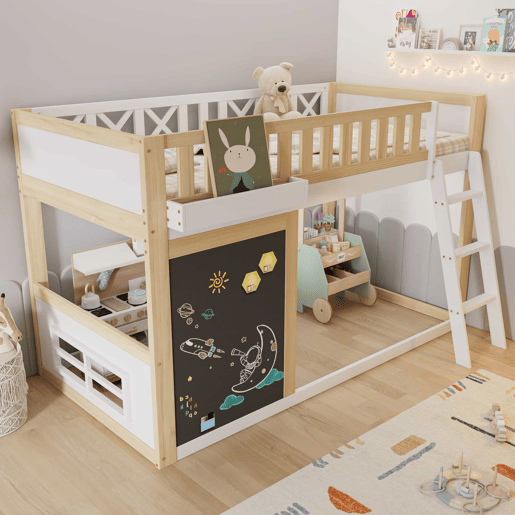 Cama loft 90x200cm - Com quadro para pintar, caixa de arrumação, grade de segurança, branco + natural Cama loft 90x200cm - Com quadro para pintar, caixa de arrumação, grade de segurança, branco + natural