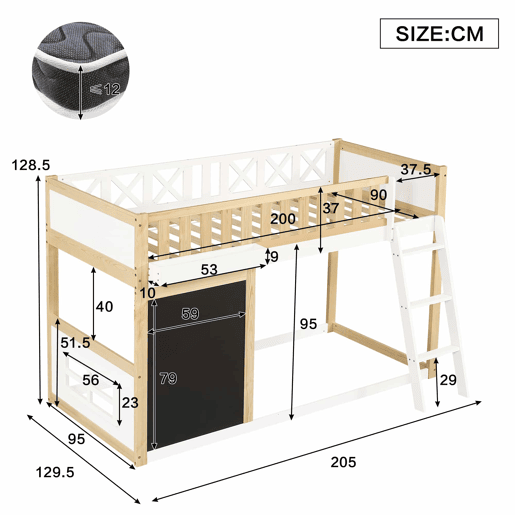Cama loft 90x200cm - Com quadro para pintar, caixa de arrumação, grade de segurança, branco + natural Cama loft 90x200cm - Com quadro para pintar, caixa de arrumação, grade de segurança, branco + natural