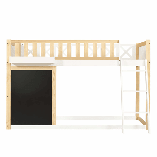 Cama loft 90x200cm - Com quadro para pintar, caixa de arrumação, grade de segurança, branco + natural Cama loft 90x200cm - Com quadro para pintar, caixa de arrumação, grade de segurança, branco + natural