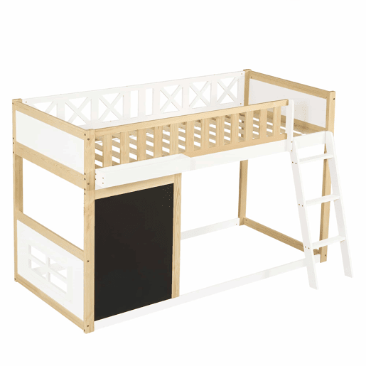 Cama loft 90x200cm - Com quadro para pintar, caixa de arrumação, grade de segurança, branco + natural Cama loft 90x200cm - Com quadro para pintar, caixa de arrumação, grade de segurança, branco + natural