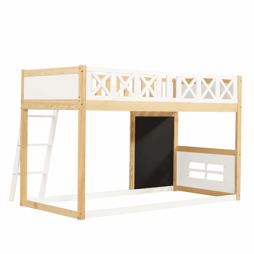 Cama loft 90x200cm - Com quadro para pintar, caixa de arrumação, grade de segurança, branco + natural Cama loft 90x200cm - Com quadro para pintar, caixa de arrumação, grade de segurança, branco + natural