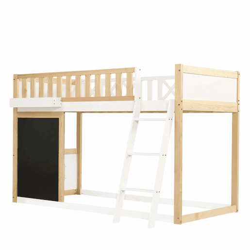 Cama loft 90x200cm - Com quadro para pintar, caixa de arrumação, grade de segurança, branco + natural Cama loft 90x200cm - Com quadro para pintar, caixa de arrumação, grade de segurança, branco + natural