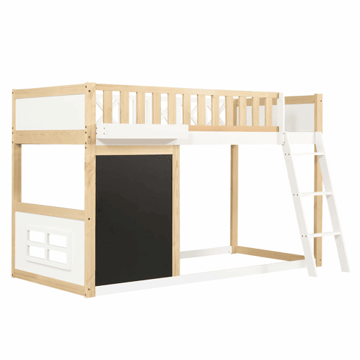 Cama loft 90x200cm - Com quadro para pintar, caixa de arrumação, grade de segurança, branco + natural Cama loft 90x200cm - Com quadro para pintar, caixa de arrumação, grade de segurança, branco + natural