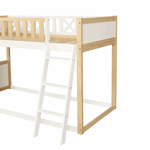 Cama loft 90x200cm - Com quadro para pintar, caixa de arrumação, grade de segurança, branco + natural Cama loft 90x200cm - Com quadro para pintar, caixa de arrumação, grade de segurança, branco + natural