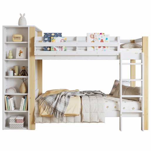 Beliche infantil 90x200cm - Com proteção contra quedas e barreira, com escada de 4 degraus, 6 prateleiras abertas, armário lateral - Branco+Natural