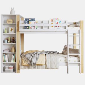 Beliche infantil 90x200cm - Com proteção contra quedas e barreira, com escada de 4 degraus, 6 prateleiras abertas, armário lateral - Branco+Natural