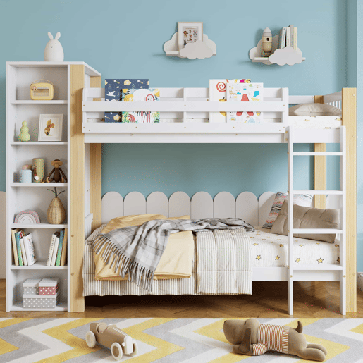 Beliche infantil 90x200cm - Com proteção contra quedas e barreira, com escada de 4 degraus, 6 prateleiras abertas, armário lateral - Branco+Natural