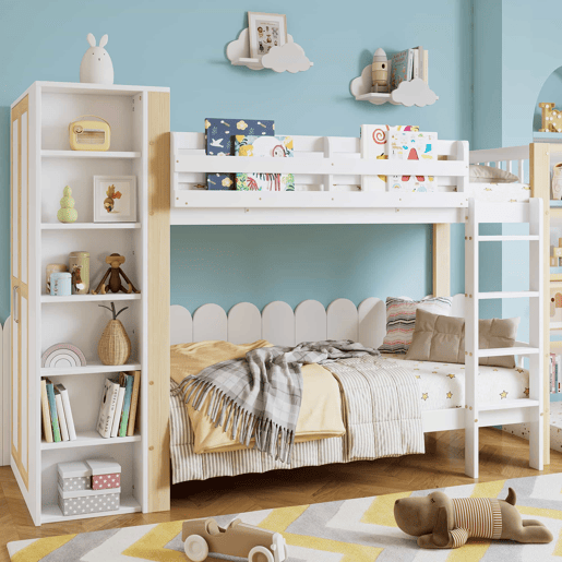 Beliche infantil 90x200cm - Com proteção contra quedas e barreira, com escada de 4 degraus, 6 prateleiras abertas, armário lateral - Branco+Natural