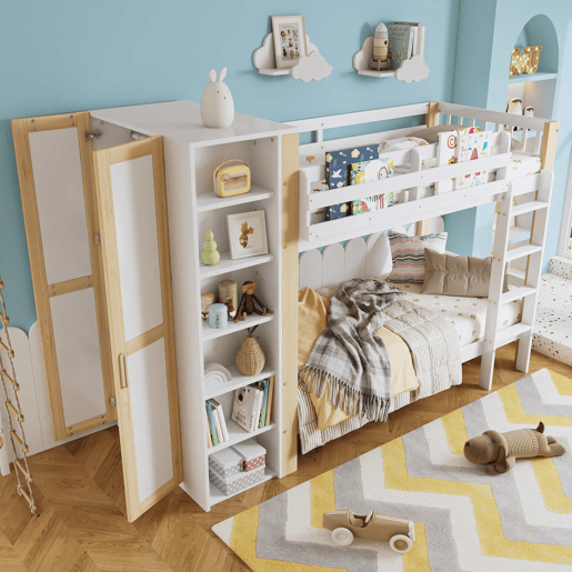 Beliche infantil 90x200cm - Com proteção contra quedas e barreira, com escada de 4 degraus, 6 prateleiras abertas, armário lateral - Branco+Natural