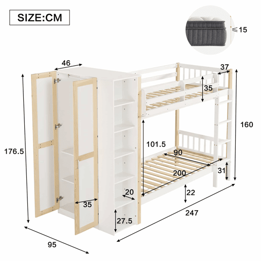 Beliche infantil 90x200cm - Com proteção contra quedas e barreira, com escada de 4 degraus, 6 prateleiras abertas, armário lateral - Branco+Natural