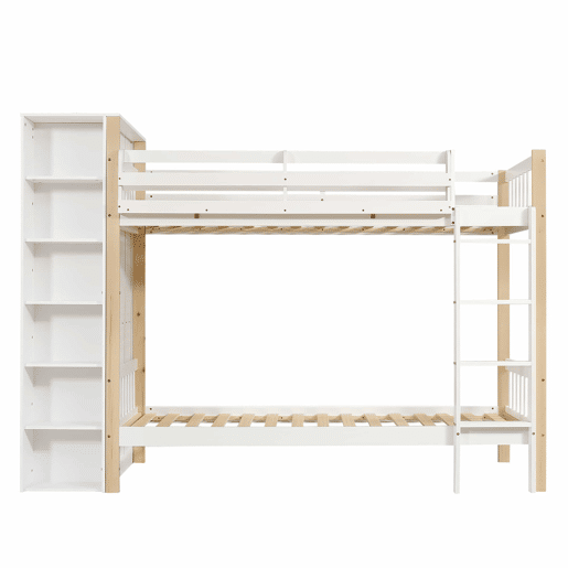 Beliche infantil 90x200cm - Com proteção contra quedas e barreira, com escada de 4 degraus, 6 prateleiras abertas, armário lateral - Branco+Natural