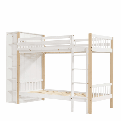 Beliche infantil 90x200cm - Com proteção contra quedas e barreira, com escada de 4 degraus, 6 prateleiras abertas, armário lateral - Branco+Natural