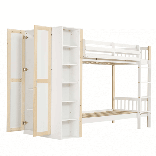 Beliche infantil 90x200cm - Com proteção contra quedas e barreira, com escada de 4 degraus, 6 prateleiras abertas, armário lateral - Branco+Natural