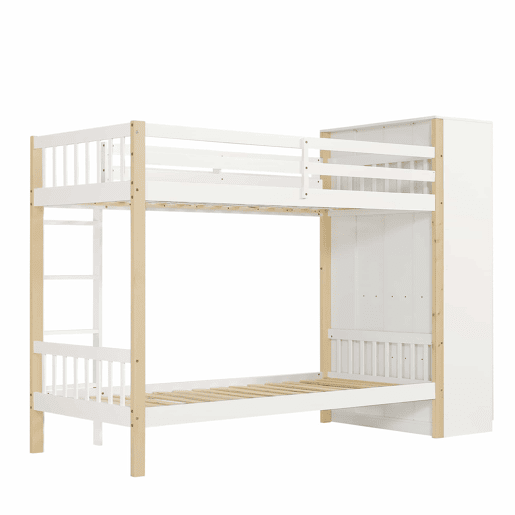 Beliche infantil 90x200cm - Com proteção contra quedas e barreira, com escada de 4 degraus, 6 prateleiras abertas, armário lateral - Branco+Natural