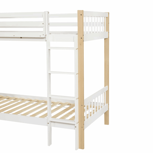 Beliche infantil 90x200cm - Com proteção contra quedas e barreira, com escada de 4 degraus, 6 prateleiras abertas, armário lateral - Branco+Natural