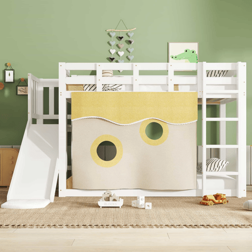 Beliche 90x200 cm - com escada, grades, cortina e escorregador - Branco
