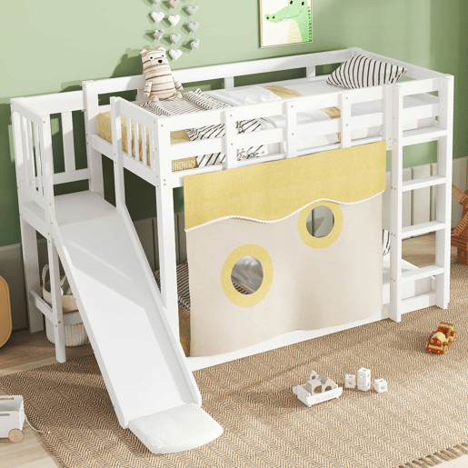 Beliche 90x200 cm - com escada, grades, cortina e escorregador - Branco