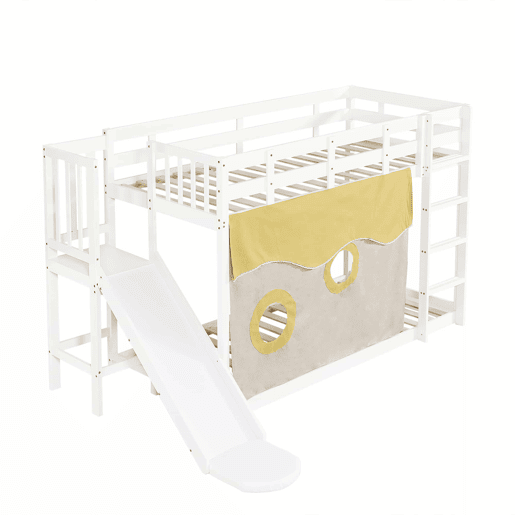 Beliche 90x200 cm - com escada, grades, cortina e escorregador - Branco