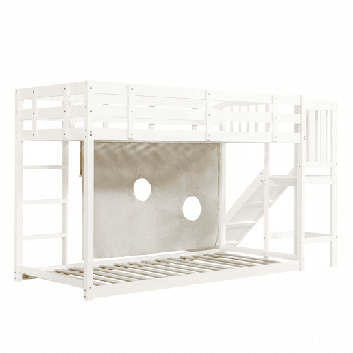 Beliche 90x200 cm - com escada, grades, cortina e escorregador - Branco