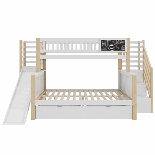 Cama casa 140x200cm e 90x200cm - com escada, armários, escorregador e quadro negro - branco e natural Cama casa 140x200cm e 90x200cm - com escada, armários, escorregador e quadro negro - branco e natural