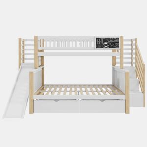 Cama casa 140x200cm e 90x200cm - com escada, armários, escorregador e quadro negro - branco e natural