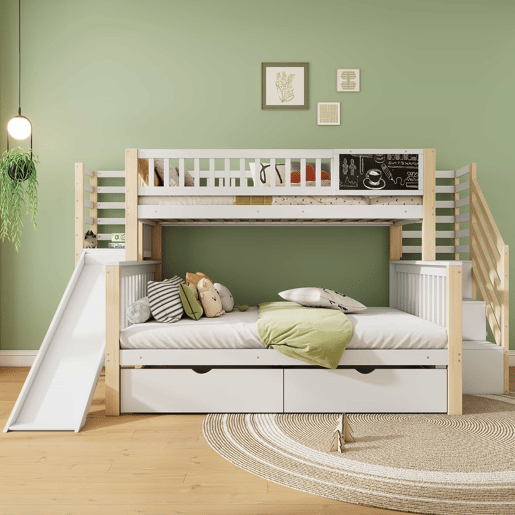 Cama casa 140x200cm e 90x200cm - com escada, armários, escorregador e quadro negro - branco e natural Cama casa 140x200cm e 90x200cm - com escada, armários, escorregador e quadro negro - branco e natural