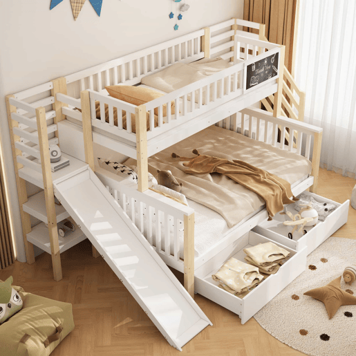 Cama casa 140x200cm e 90x200cm - com escada, armários, escorregador e quadro negro - branco e natural Cama casa 140x200cm e 90x200cm - com escada, armários, escorregador e quadro negro - branco e natural
