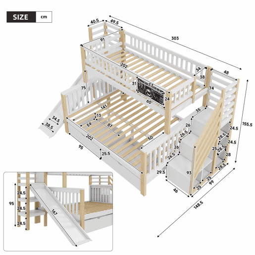 Cama casa 140x200cm e 90x200cm - com escada, armários, escorregador e quadro negro - branco e natural Cama casa 140x200cm e 90x200cm - com escada, armários, escorregador e quadro negro - branco e natural