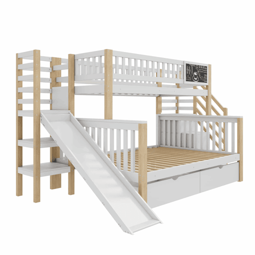 Cama casa 140x200cm e 90x200cm - com escada, armários, escorregador e quadro negro - branco e natural Cama casa 140x200cm e 90x200cm - com escada, armários, escorregador e quadro negro - branco e natural