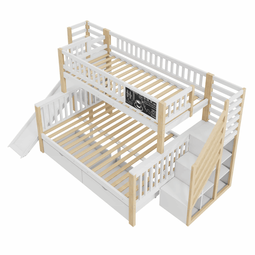 Cama casa 140x200cm e 90x200cm - com escada, armários, escorregador e quadro negro - branco e natural Cama casa 140x200cm e 90x200cm - com escada, armários, escorregador e quadro negro - branco e natural