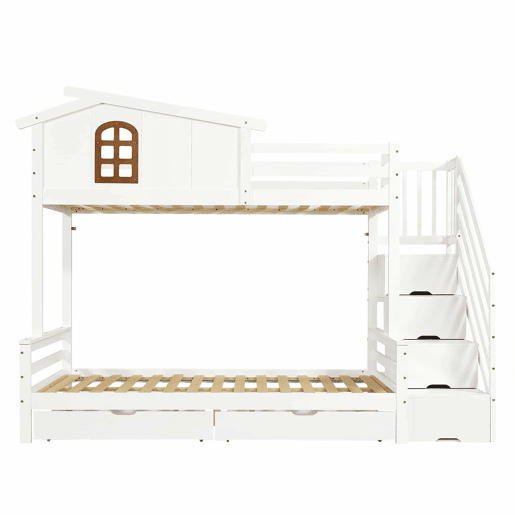 Beliche com duas gavetas - 90x200 cm e 120x200 cm - Janelas decorativas, armário de canto - Branco+Natural