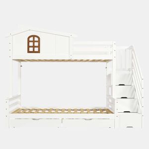 Beliche com duas gavetas - 90x200 cm e 120x200 cm - Janelas decorativas, armário de canto - Branco+Natural