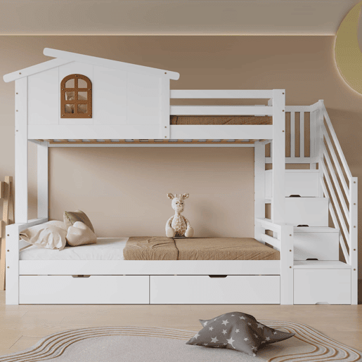 Beliche com duas gavetas - 90x200 cm e 120x200 cm - Janelas decorativas, armário de canto - Branco+Natural