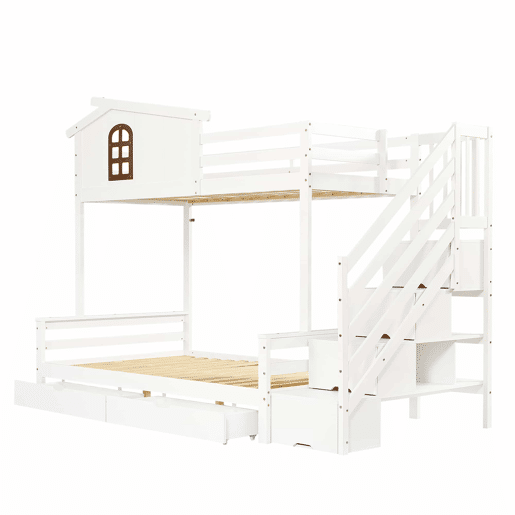 Beliche com duas gavetas - 90x200 cm e 120x200 cm - Janelas decorativas, armário de canto - Branco+Natural