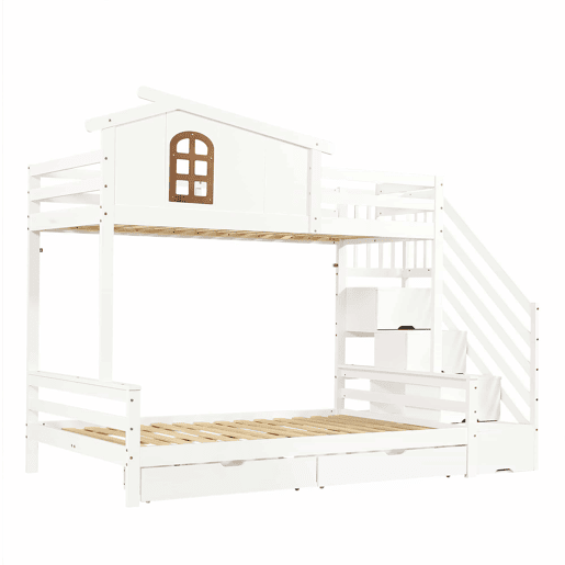 Beliche com duas gavetas - 90x200 cm e 120x200 cm - Janelas decorativas, armário de canto - Branco+Natural