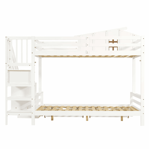Beliche com duas gavetas - 90x200 cm e 120x200 cm - Janelas decorativas, armário de canto - Branco+Natural