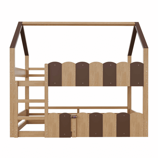 Litera infantil 90x200 cm - Diseño en forma de casa con barandillas altas - Color madera