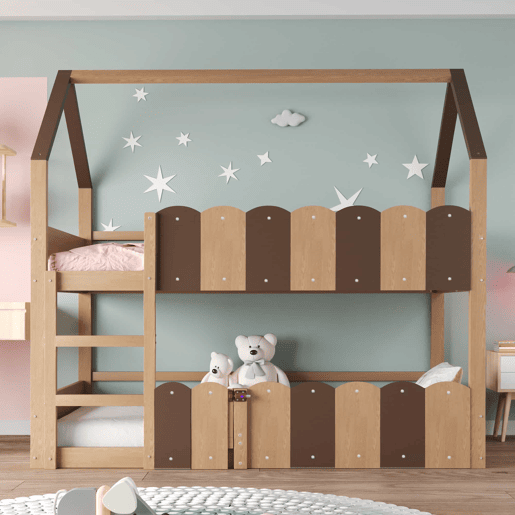 Litera infantil 90x200 cm - Diseño en forma de casa con barandillas altas - Color madera