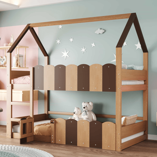 Litera infantil 90x200 cm - Diseño en forma de casa con barandillas altas - Color madera