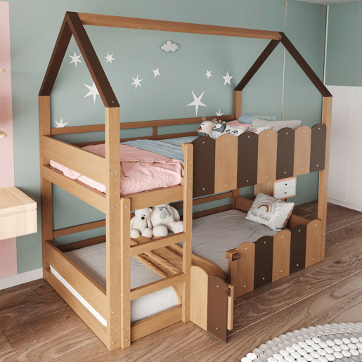Litera infantil 90x200 cm - Diseño en forma de casa con barandillas altas - Color madera