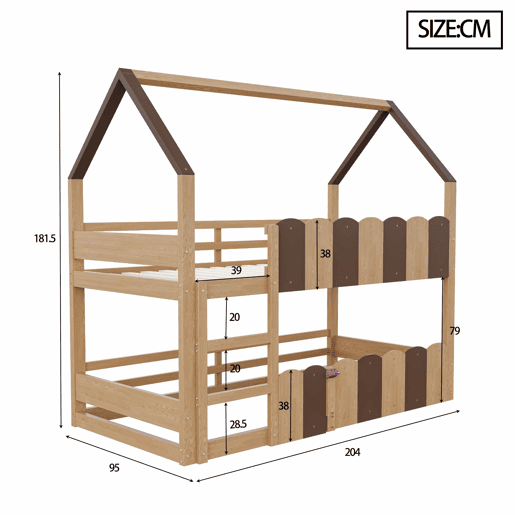 Litera infantil 90x200 cm - Diseño en forma de casa con barandillas altas - Color madera
