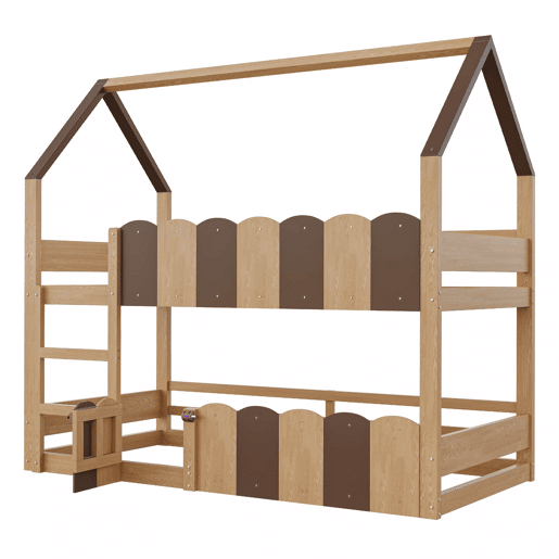 Litera infantil 90x200 cm - Diseño en forma de casa con barandillas altas - Color madera