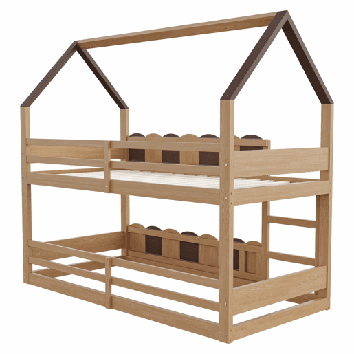 Litera infantil 90x200 cm - Diseño en forma de casa con barandillas altas - Color madera