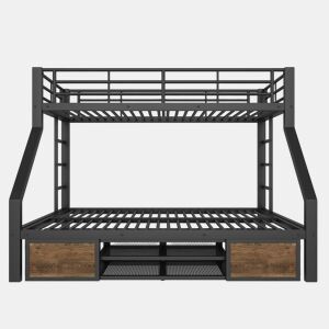 Beliche 90x200 cm + 140x200 cm - Cama infantil com sapateira, prateleiras, grades, escada, certificada EN747 - Preto