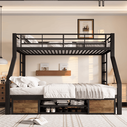 Beliche 90x200 cm + 140x200 cm - Cama infantil com sapateira, prateleiras, grades, escada, certificada EN747 - Preto Beliche 90x200 cm + 140x200 cm - Cama infantil com sapateira, prateleiras, grades, escada, certificada EN747 - Preto