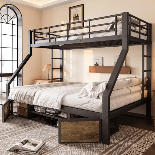 Beliche 90x200 cm + 140x200 cm - Cama infantil com sapateira, prateleiras, grades, escada, certificada EN747 - Preto Beliche 90x200 cm + 140x200 cm - Cama infantil com sapateira, prateleiras, grades, escada, certificada EN747 - Preto